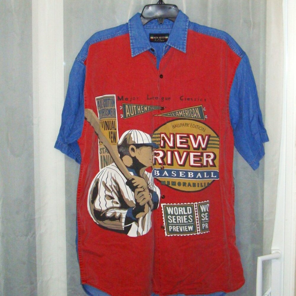 Vintage New River Shirt Blue Denim Baseball World Series Graphic Shirt